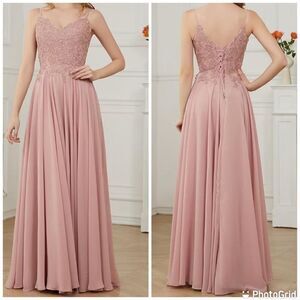 V Neck Bridesmaid Lace Appliques Chiffon Dress Formal Evening Party